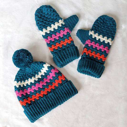 Colour Pop Beanie & Mittens crochet pattern - Downloadable PDF